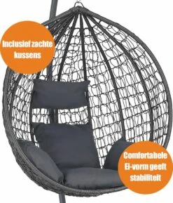 Bircim Hangstoel Ei/Egg-Vorm Met Dikke Kussens - Voor Binnen En Buiten - Incl. Standaard, Onderstel & Kussens - Antraciet -Tuinmeubilair 1027x1200