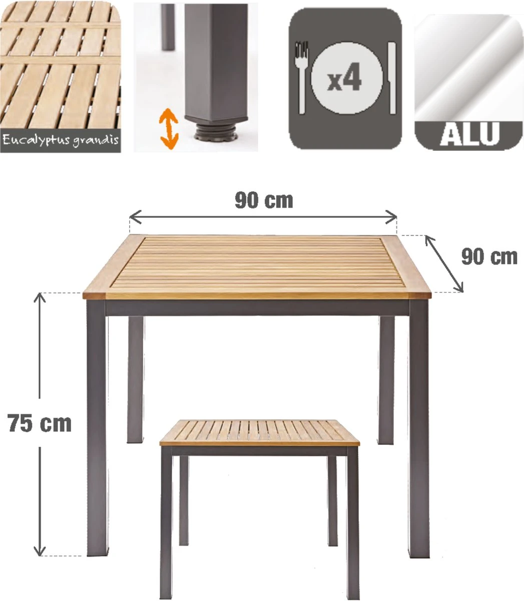 NATERIAL - Tuintafel Vierkant ORIS - 4 Personen - Houten Tafel 90x90 Cm - Aluminium - Met Houten Blad - Eucalyptus 4 NATERIAL - Tuintafel Vierkant ORIS - 4 Personen - Houten Tafel 90x90 Cm - Aluminium - Met Houten Blad - Eucalyptus - Afbeelding 2