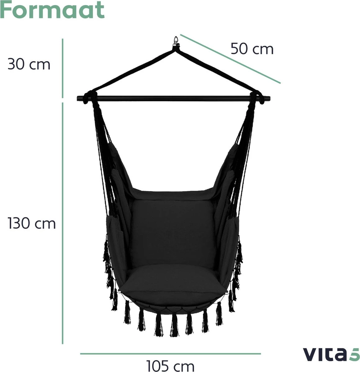 Vita5 XXL Hangstoel - Binnen&Buiten Hangnest - Incl. 2 Kussens En Boekenvak - Volwassenen&Kinderen - Hangmatstoel Tot 225kg - Zwart 8 Vita5 XXL Hangstoel - Binnen&Buiten Hangnest - Incl. 2 Kussens En Boekenvak - Volwassenen&Kinderen - Hangmatstoel Tot 225kg - Zwart - Afbeelding 6