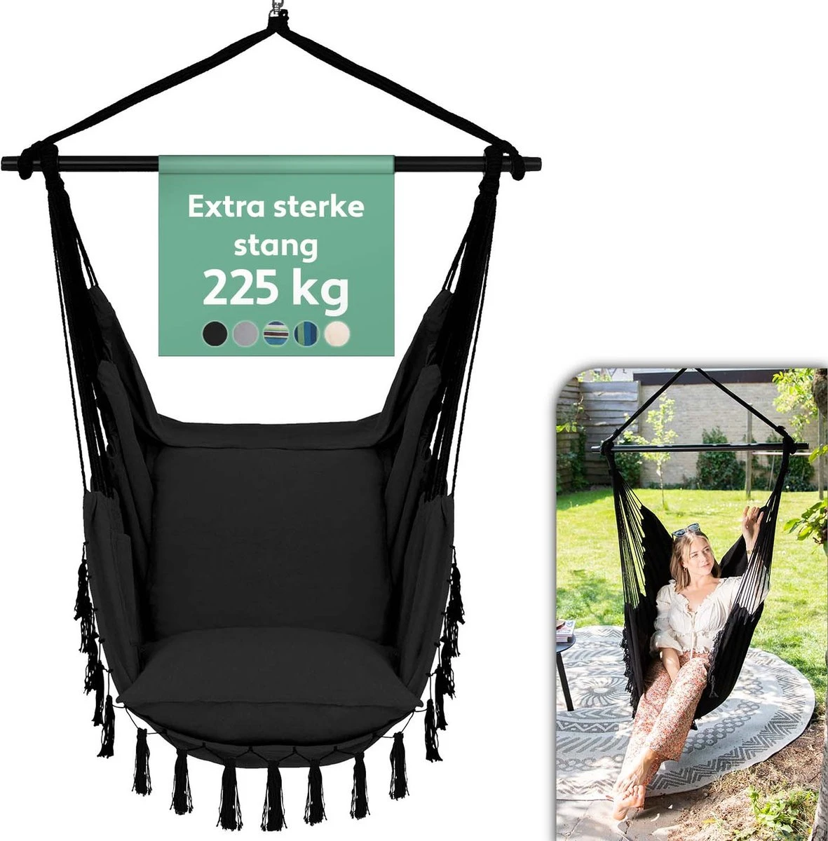Vita5 XXL Hangstoel - Binnen&Buiten Hangnest - Incl. 2 Kussens En Boekenvak - Volwassenen&Kinderen - Hangmatstoel Tot 225kg - Zwart 3 Vita5 XXL Hangstoel - Binnen&Buiten Hangnest - Incl. 2 Kussens En Boekenvak - Volwassenen&Kinderen - Hangmatstoel Tot 225kg - Zwart