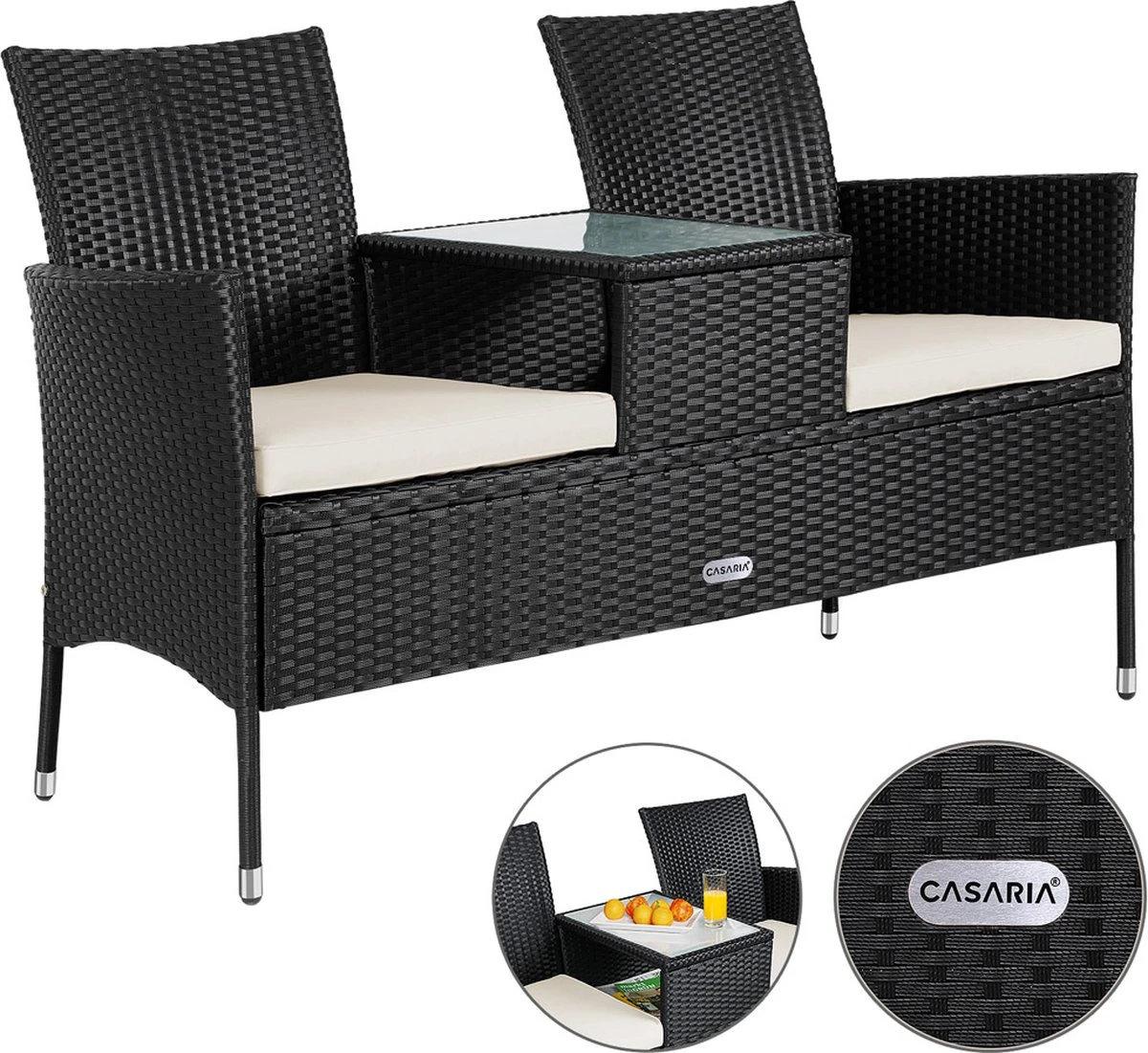 Casaria Polyrattan Tuinbank - Incl. Kussen - 143x55x88 Cm Zwart 9 Casaria Polyrattan Tuinbank - Incl. Kussen - 143x55x88 Cm Zwart - Afbeelding 7