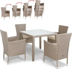 Casaria Polyrattan Tuinset - 4 Stoelen & Tafel 90x90 Cm - Beige Grijs