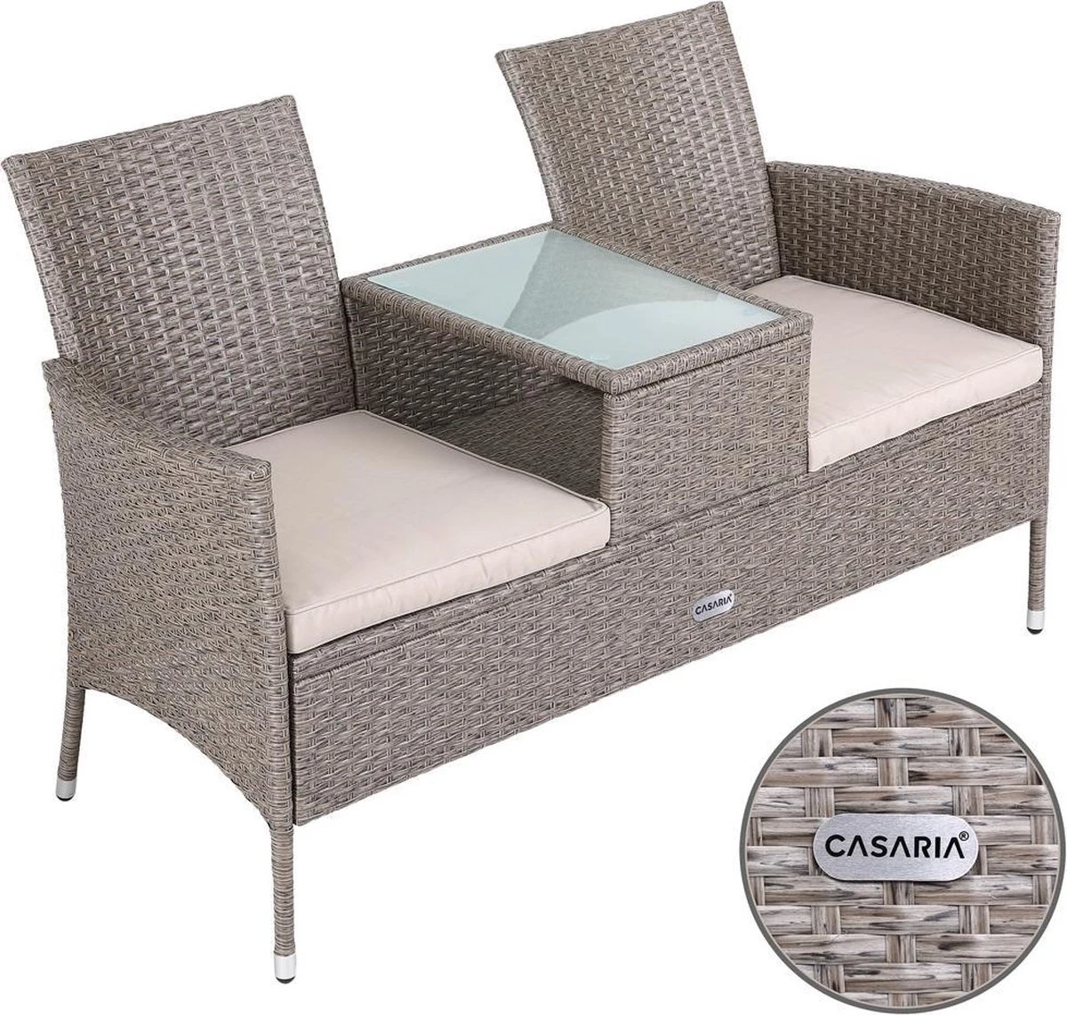Casaria Tuinbank Polyrattan - 2-Zits Incl.Tafel - Weerbestendig Beige 7 Casaria Tuinbank Polyrattan - 2-Zits Incl.Tafel - Weerbestendig Beige - Afbeelding 5