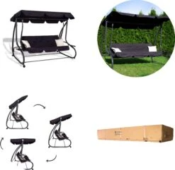 Springos Schommelbank | Linda-Schommel | 3-zits | Waterafstotend | Inclusief 2 Kussens | Verstelbare Luifel | 162 X 200 X 120 Cm | Zwart -Tuinmeubilair 1200x1171 1