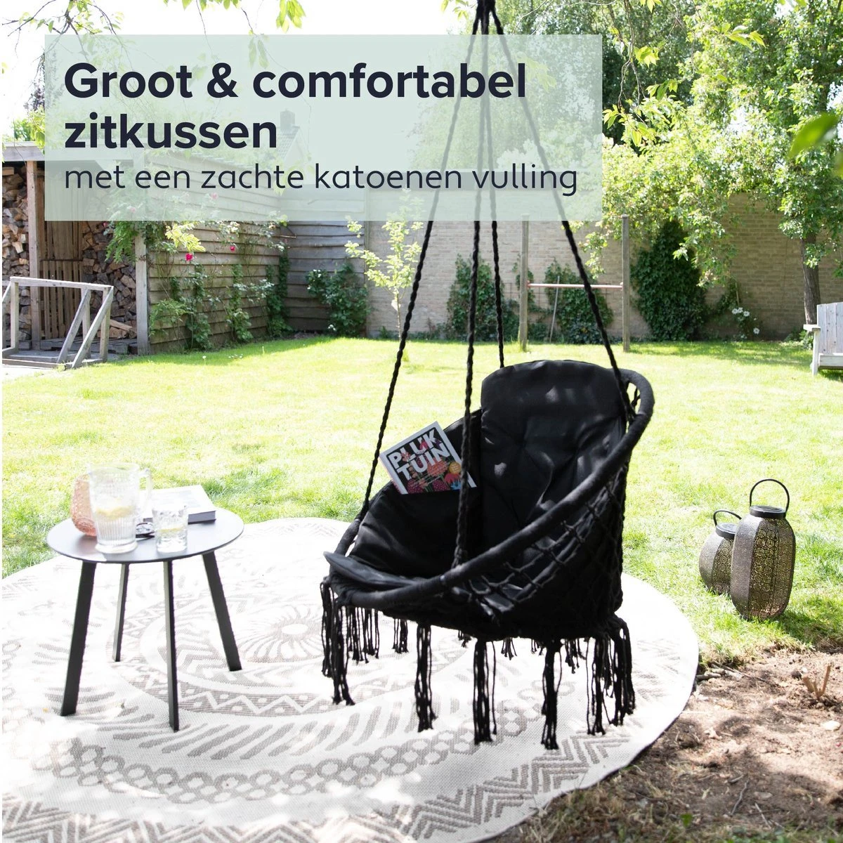 Vita5 Macramé Hangstoel - Voor Binnen En Buiten - Zonder Standaard - Incl. Kussen, Boekenvak En Beschermhoes - Tot 150kg - Zwart 9 Vita5 Macramé Hangstoel - Voor Binnen En Buiten - Zonder Standaard - Incl. Kussen, Boekenvak En Beschermhoes - Tot 150kg - Zwart - Afbeelding 7