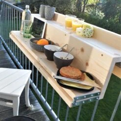 GoudmetHout Inklapbare Balkontafel - Balkonbar - Balkon Tafel - 99 Cm - Hout - Transparant Wash - Reling Smal