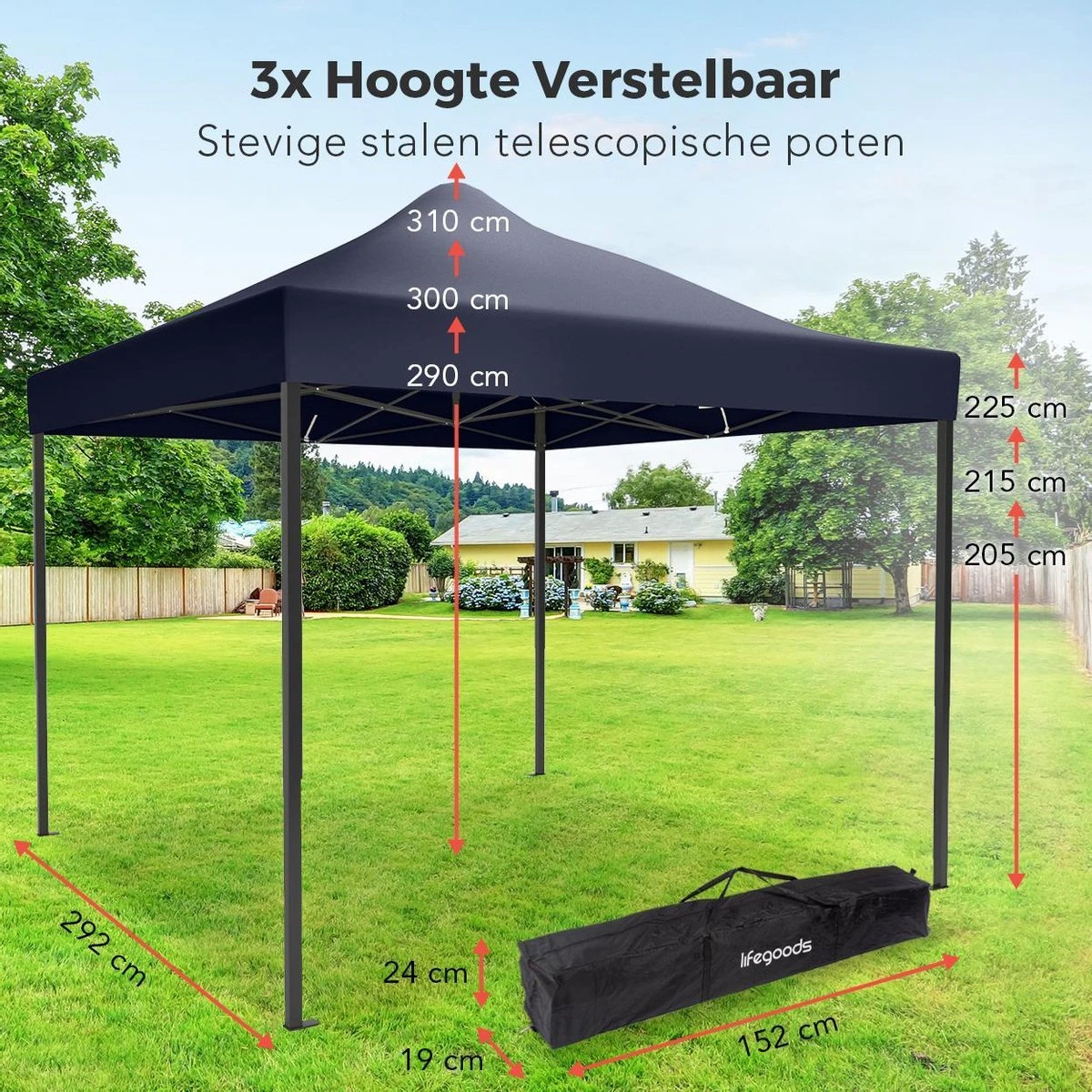 LifeGoods Partytent - 3x3 M - Easy Up - Opvouwbaar - Waterdicht - Draagtas Met Wieltjes - Donkerblauw 4 LifeGoods Partytent - 3x3 M - Easy Up - Opvouwbaar - Waterdicht - Draagtas Met Wieltjes - Donkerblauw - Afbeelding 2