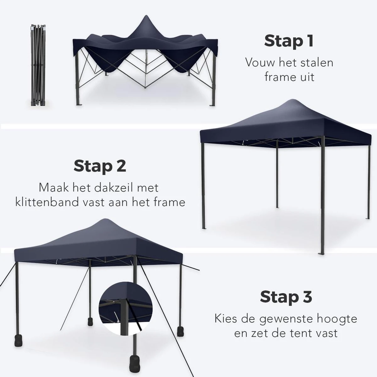 LifeGoods Partytent - 3x3 M - Easy Up - Opvouwbaar - Waterdicht - Draagtas Met Wieltjes - Donkerblauw 12 LifeGoods Partytent - 3x3 M - Easy Up - Opvouwbaar - Waterdicht - Draagtas Met Wieltjes - Donkerblauw - Afbeelding 10