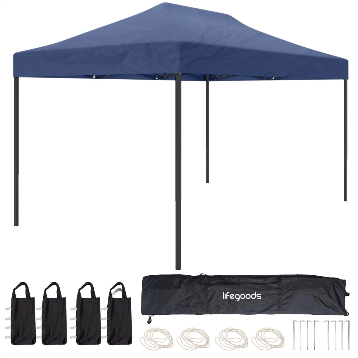 LifeGoods Partytent - 3x4.5 M - Easy Up - Opvouwbaar - Waterdicht - Draagtas Met Wieltjes - Donkerblauw 3 LifeGoods Partytent - 3x4.5 M - Easy Up - Opvouwbaar - Waterdicht - Draagtas Met Wieltjes - Donkerblauw