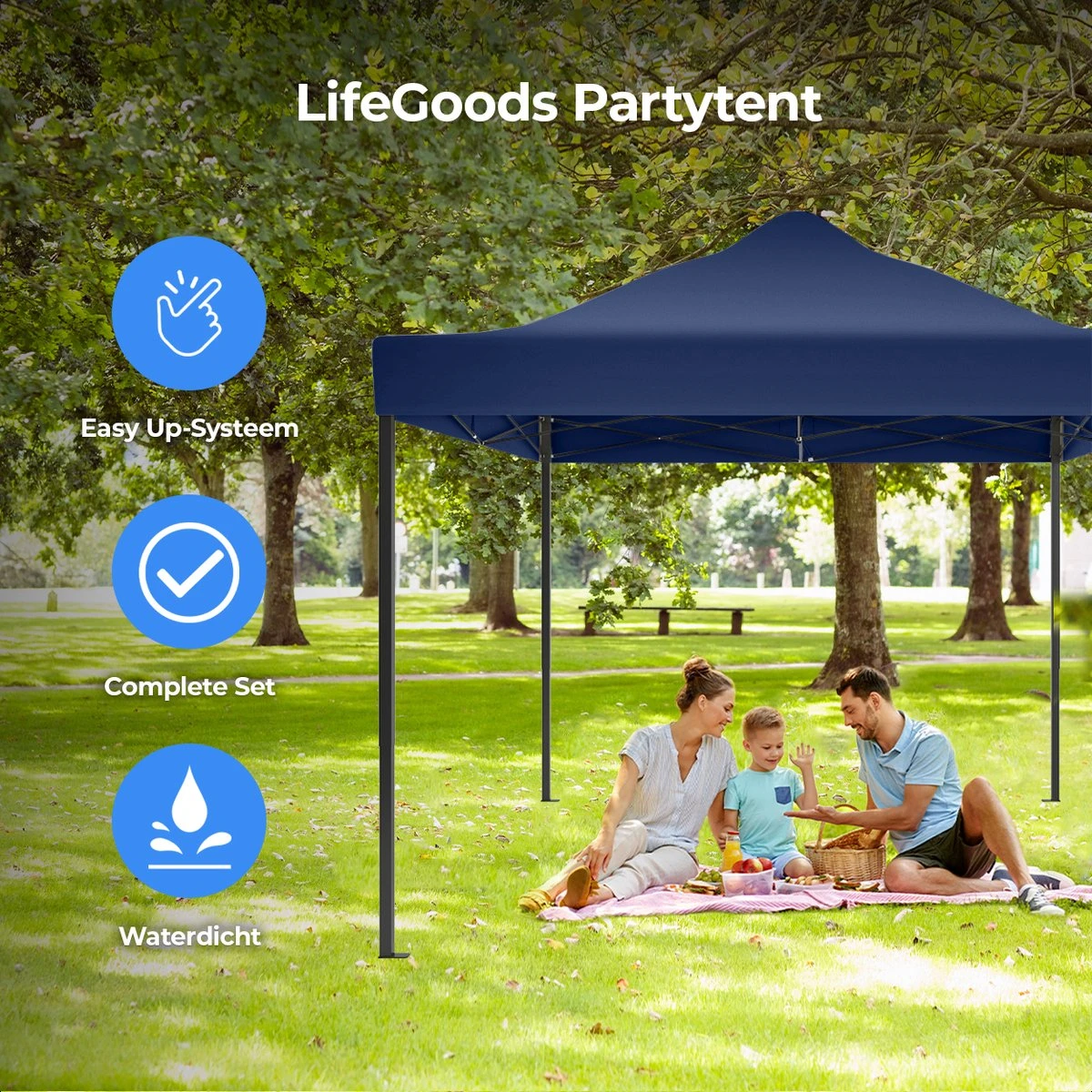 LifeGoods Partytent - 3x4.5 M - Easy Up - Opvouwbaar - Waterdicht - Draagtas Met Wieltjes - Donkerblauw 6 LifeGoods Partytent - 3x4.5 M - Easy Up - Opvouwbaar - Waterdicht - Draagtas Met Wieltjes - Donkerblauw - Afbeelding 4
