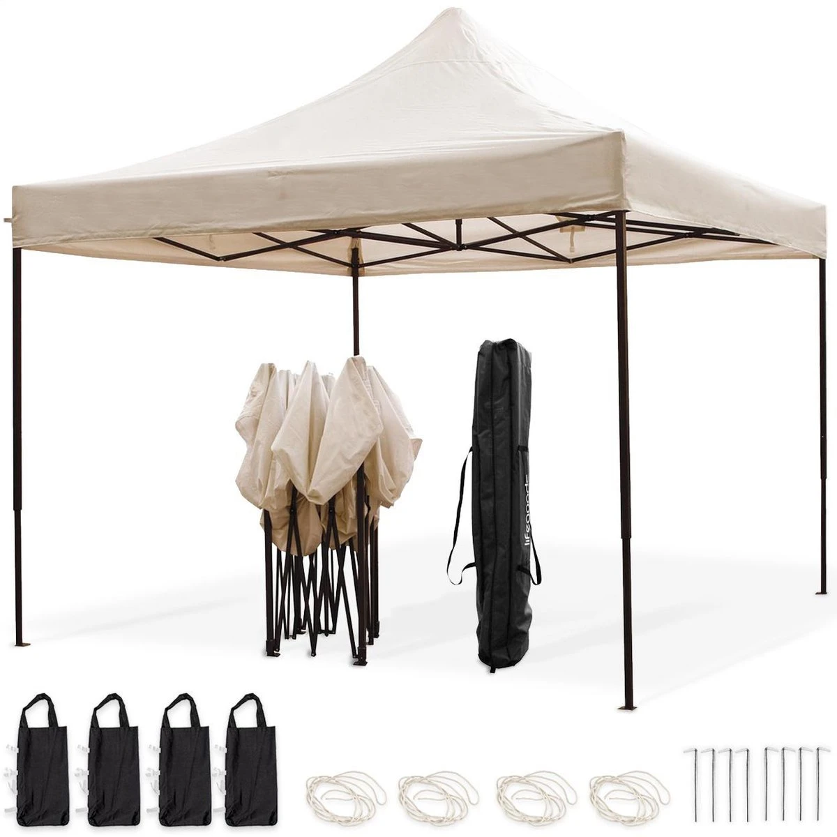 LifeGoods Partytent - 3x3 M - Easy Up - Opvouwbaar - Waterdicht - Draagtas Met Wieltjes - Beige 3 LifeGoods Partytent - 3x3 M - Easy Up - Opvouwbaar - Waterdicht - Draagtas Met Wieltjes - Beige