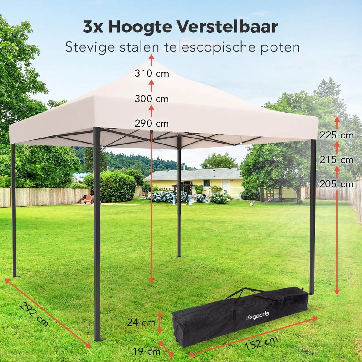 LifeGoods Partytent - 3x3 M - Easy Up - Opvouwbaar - Waterdicht - Draagtas Met Wieltjes - Beige 4 LifeGoods Partytent - 3x3 M - Easy Up - Opvouwbaar - Waterdicht - Draagtas Met Wieltjes - Beige - Afbeelding 2