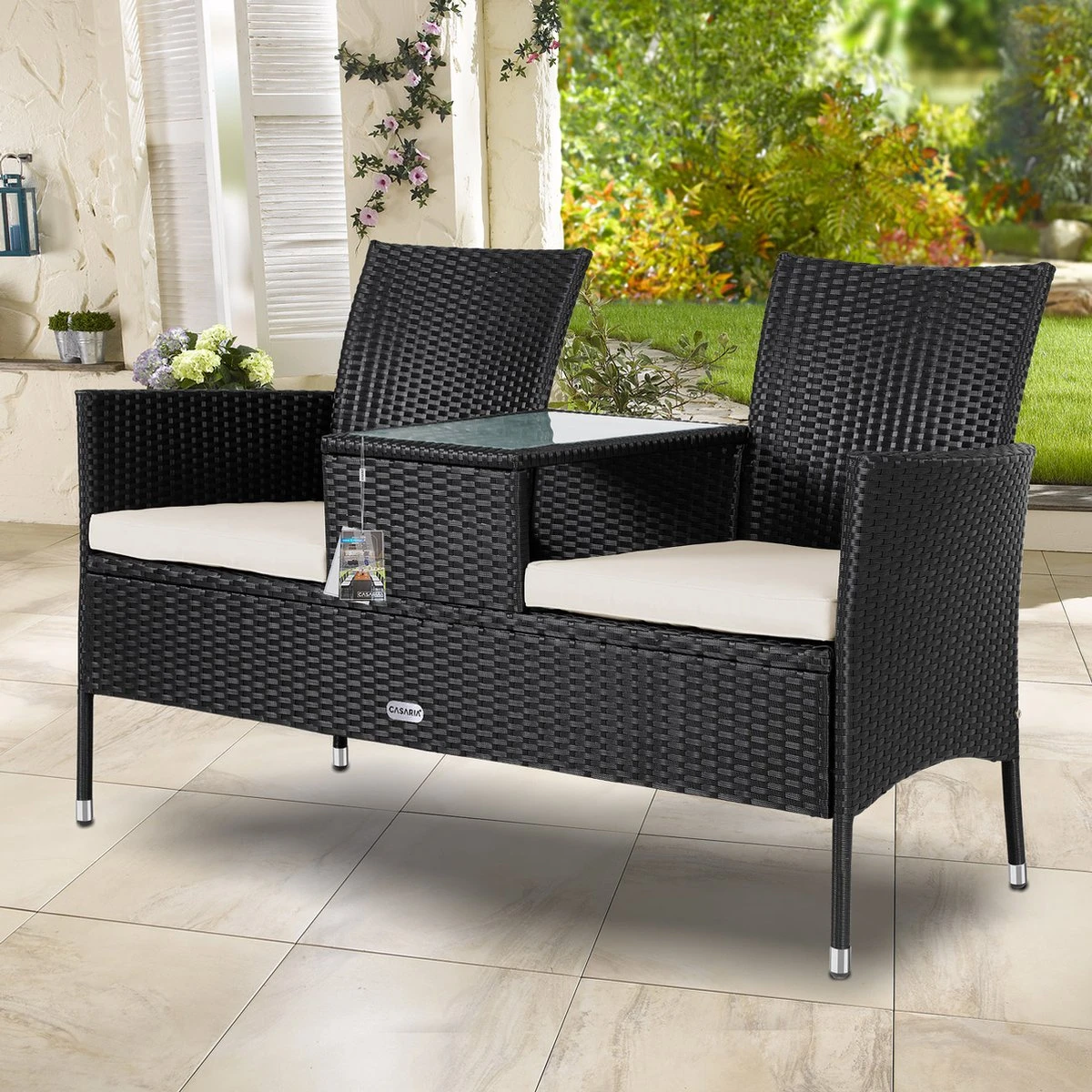 Casaria Polyrattan Tuinbank - Incl. Kussen - 143x55x88 Cm Zwart 7 Casaria Polyrattan Tuinbank - Incl. Kussen - 143x55x88 Cm Zwart - Afbeelding 5