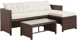 Teamson Home 3-Delig Hoek Loungeset - Tuinmeubelen - Tuinbank - Omvat Tafel En Kussens - Rotan - Bruin/Wit -Tuinmeubilair 1200x626