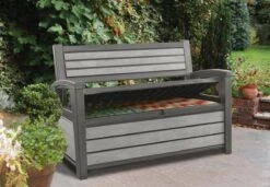 Keter - Hudson Bench Box - 2-zits Bank - Opbergbox - Hout Look & Feel - 227L - 138x63x89cm - Antraciet -Tuinmeubilair 1200x832 1