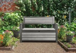 Keter - Hudson Bench Box - 2-zits Bank - Opbergbox - Hout Look & Feel - 227L - 138x63x89cm - Antraciet -Tuinmeubilair 1200x841